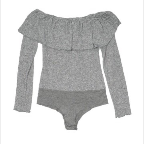 Zara Off Shoulder Ruffled Knit Bodysuit Heather Gray Size L Cozy Soft Winter - Picture 6 of 6
